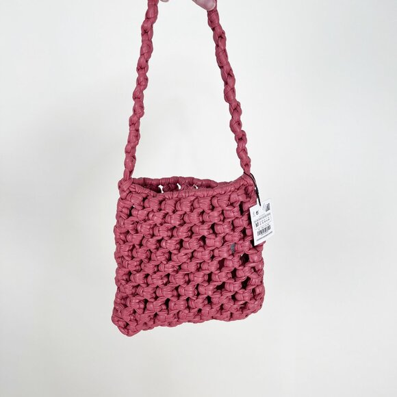 New Zara Woven Braided Crochet Open Knit Leather Weaved Shoulder Bag Purse Funky - Picture 8 of 9